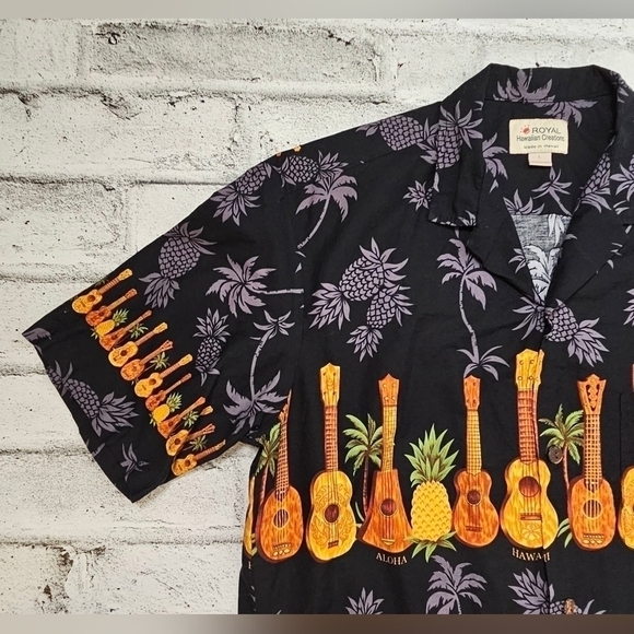 HAWAIIAN Ukuleles Pineapples Tropic Chestband Button Up Causal Shirt - Picture 6 of 9